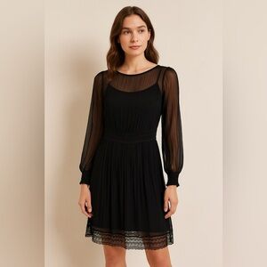 Black Tape NEW Pleated Long Sleeve Black Cocktail Party Dress with Lace- Size XS